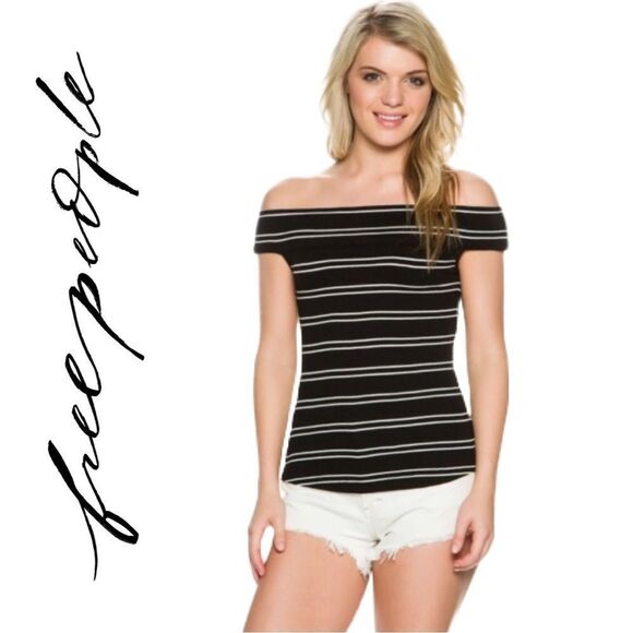 Free‎ People Off the Shoulder Black and White Stripe Tee - Size L - Picture 1 of 3